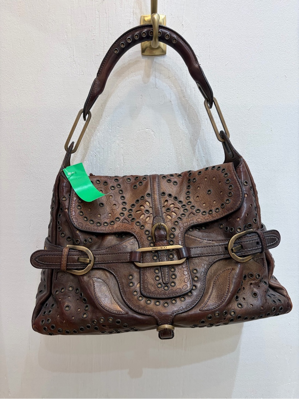 JIMMY CHOO Brown Leather Studded Shoulder Bag with Brass Hardware